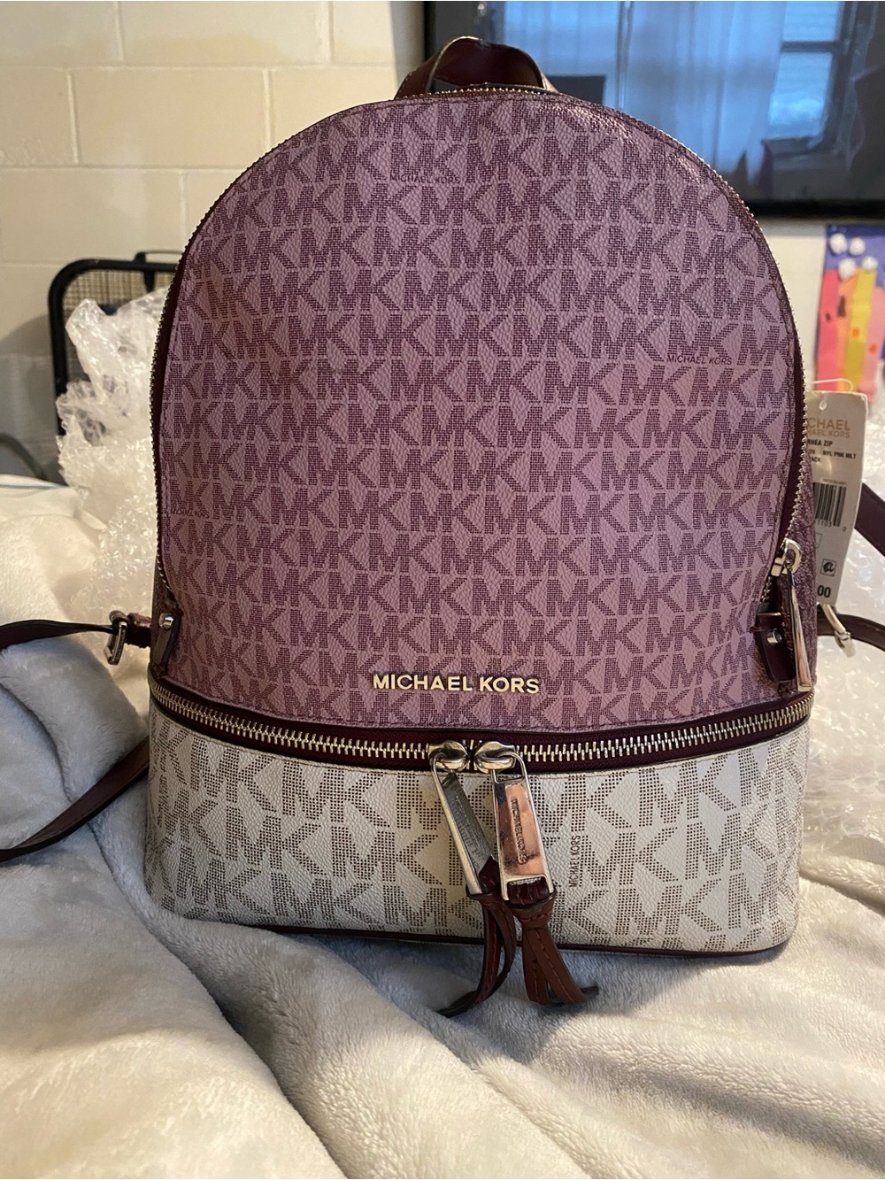 Michael Kors Womens Pink and white Signature Backpack